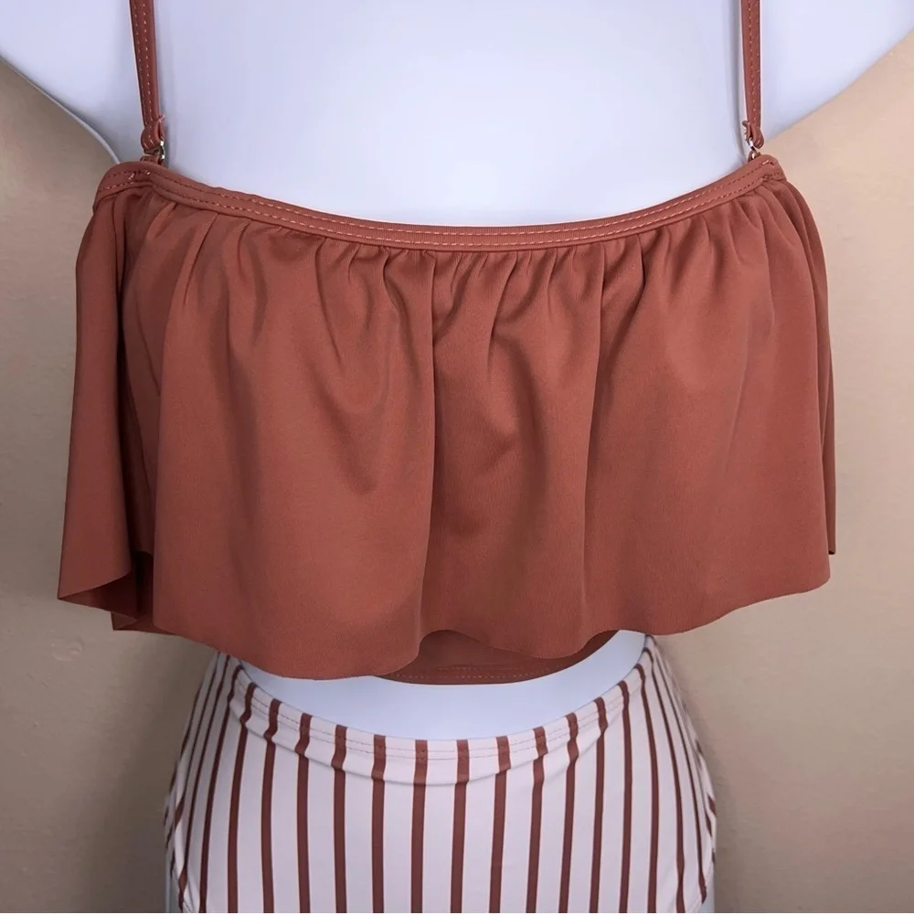 Large Tan Brown White Two Piece Swimsuit Womens Ruffle Top High Waist Striped